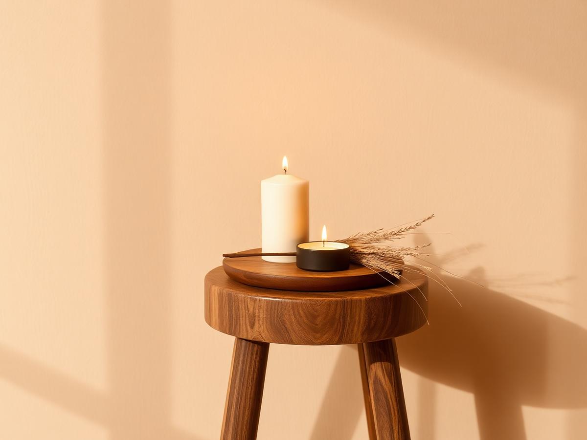 Banco de madeira com velas e incenso num ambiente calmo